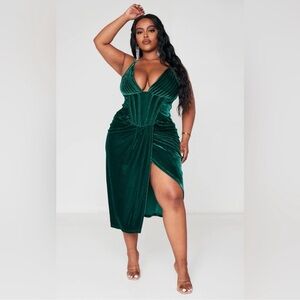 Pretty Little Thing PLUS Teal VELVET PLUNGE CORSET BODYCON DRESS sz 14